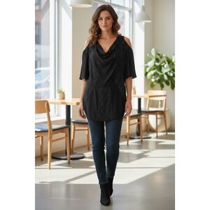Madison Marcus Black Beaded Cold Shoulder‎ Drape Neck Tunic Top XS